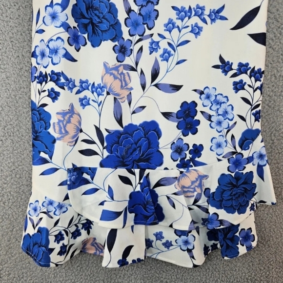 Eliza J Womens A Line Dress sz 12 White Blu Floral Ruffle Hem Church Date Night - Picture 4 of 11